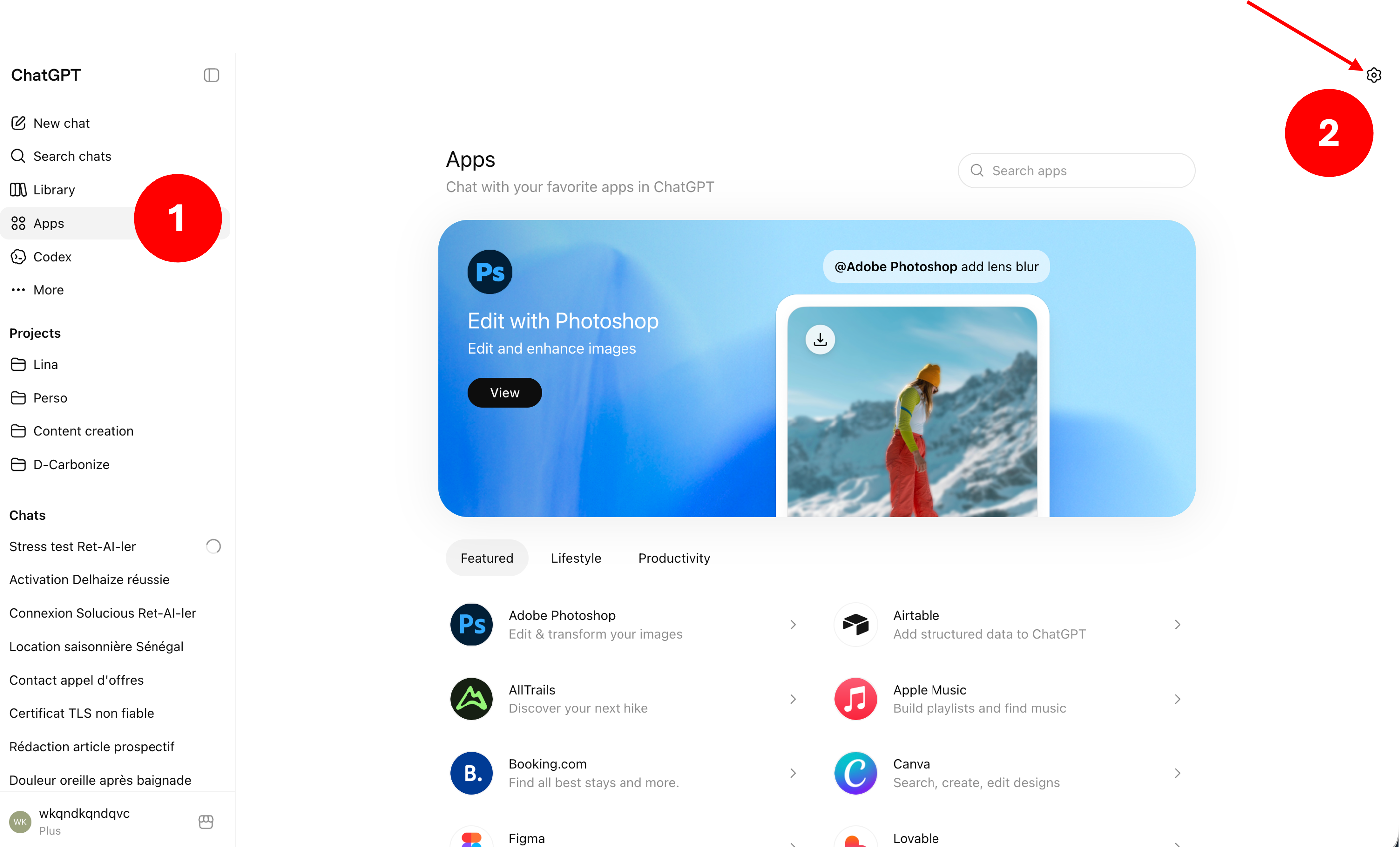 Réglages et menu Apps dans ChatGPT