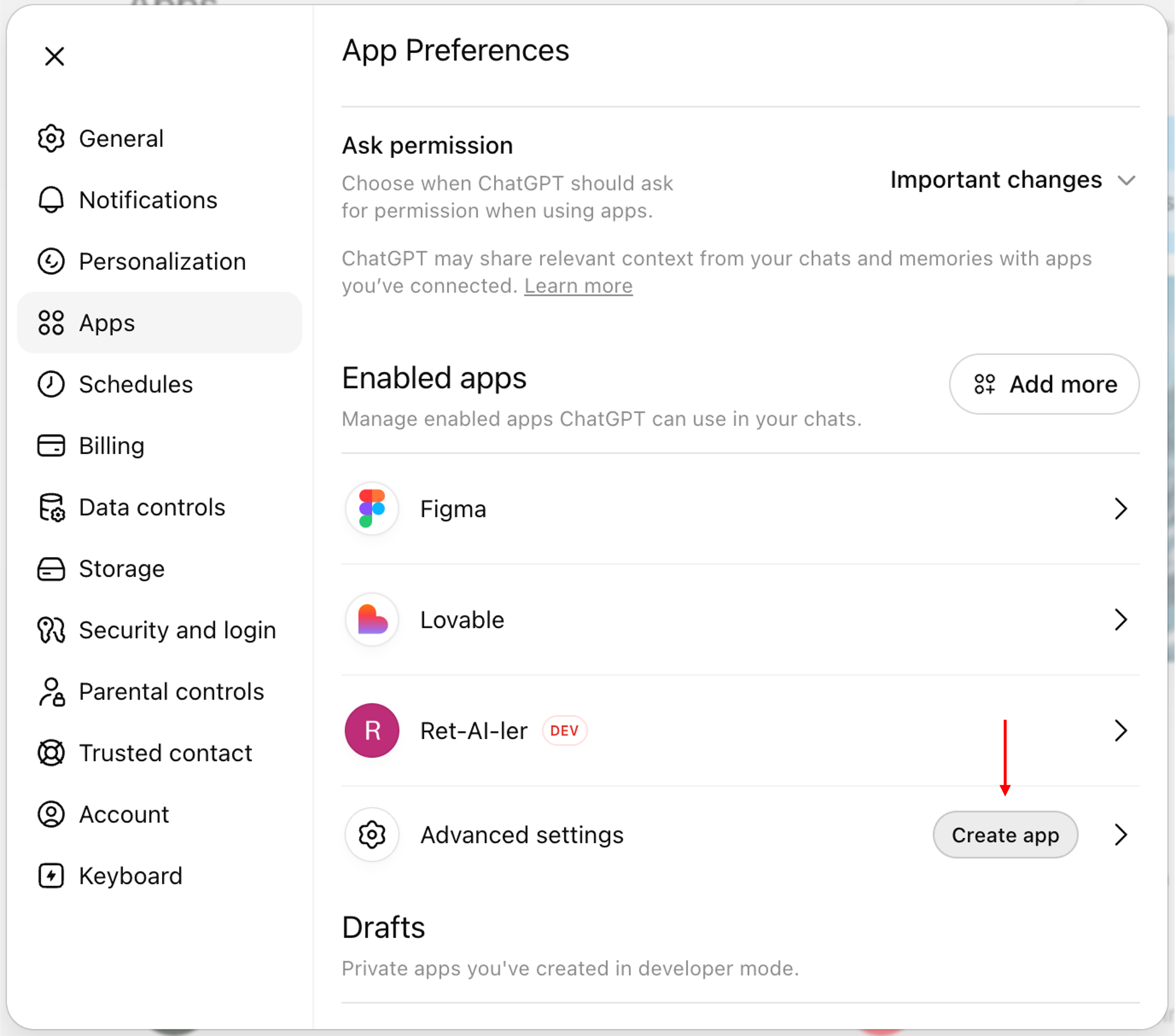 Advanced settings et bouton Create app