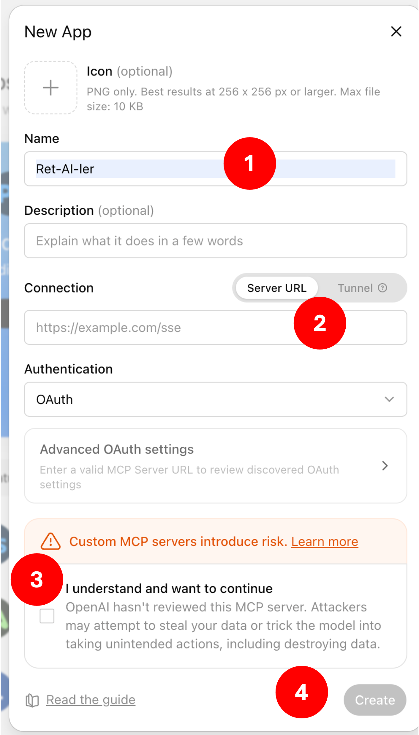Formulaire New App : nom, URL, OAuth, case à cocher